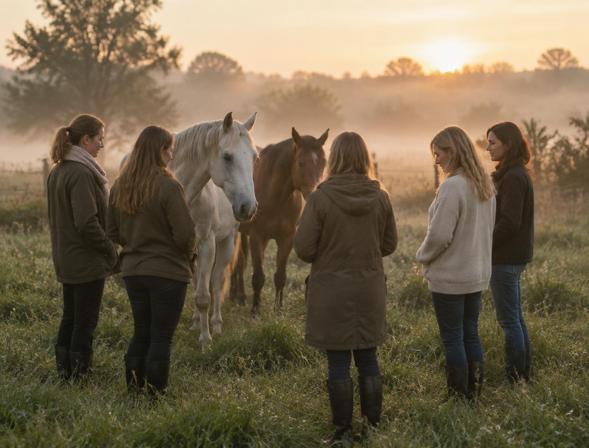 Grupo em círculo observando dois cavalos em um campo ao amanhecer