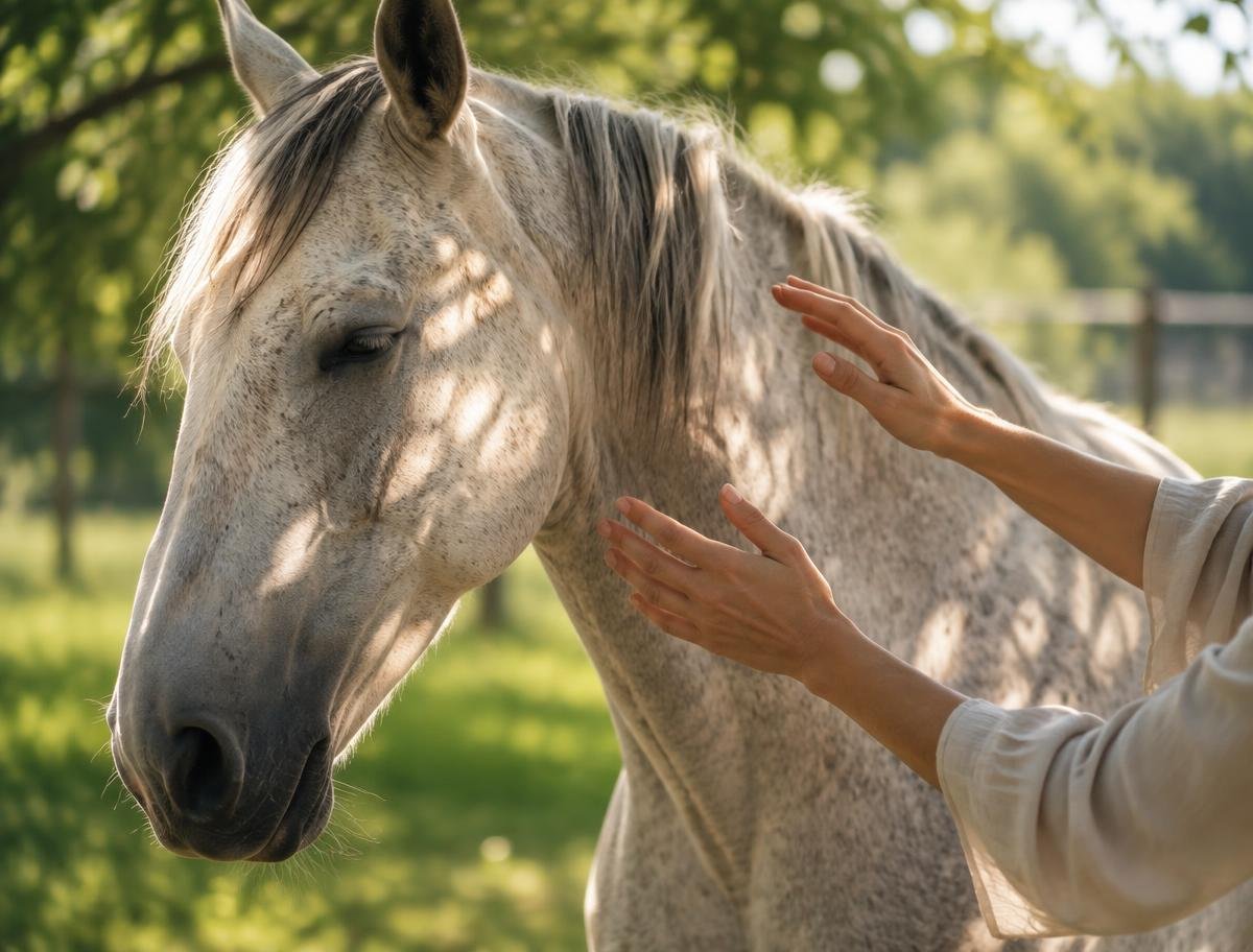 Mãos aproximadas do pescoço de um cavalo em prática energética