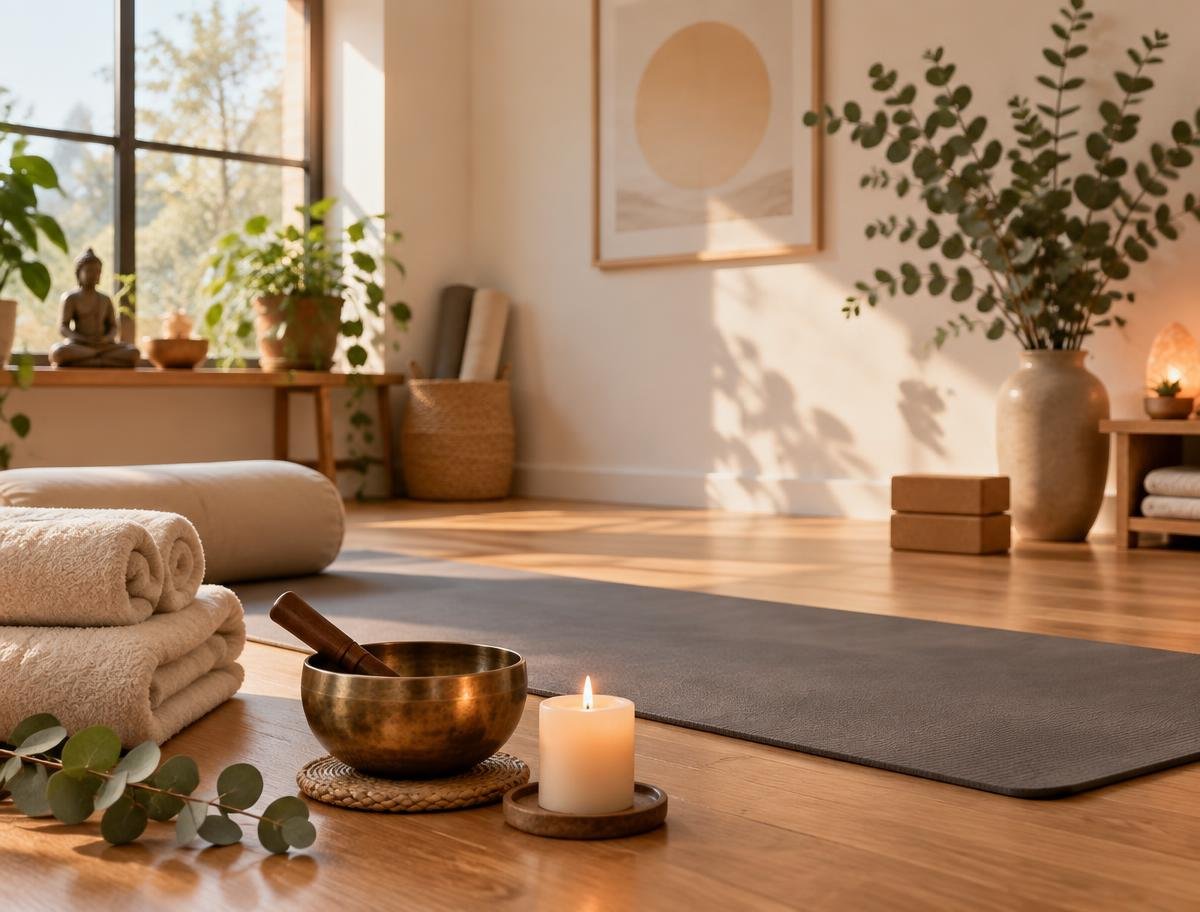 Ambiente do studio com tapete de yoga, velas e plantas em luz suave